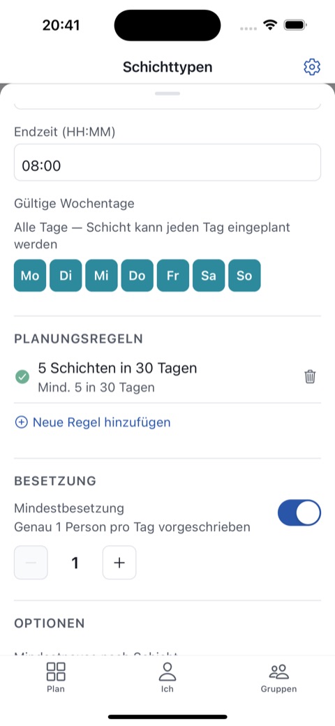 Planungsregeln für einen Schichttyp