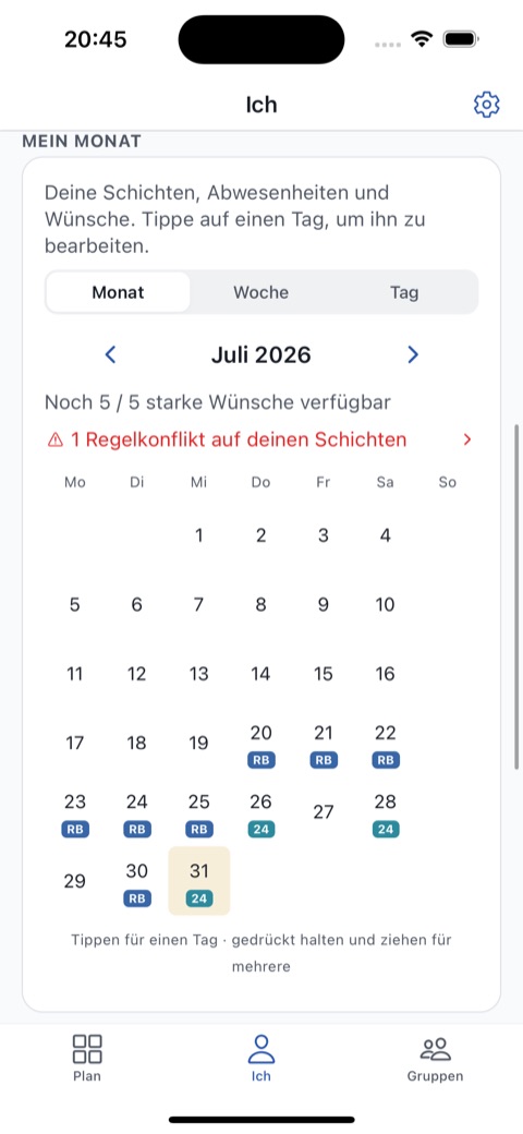 Eigene Dienste im Monatskalender