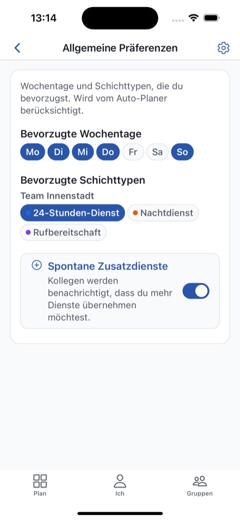Bevorzugte Wochentage und Schichttypen