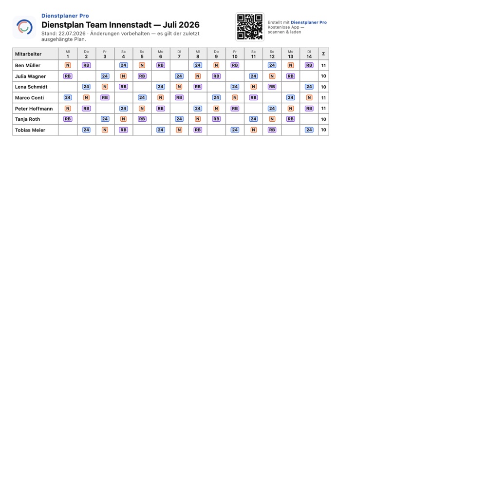 Ausgedruckter Dienstplan mit Team und Schichten